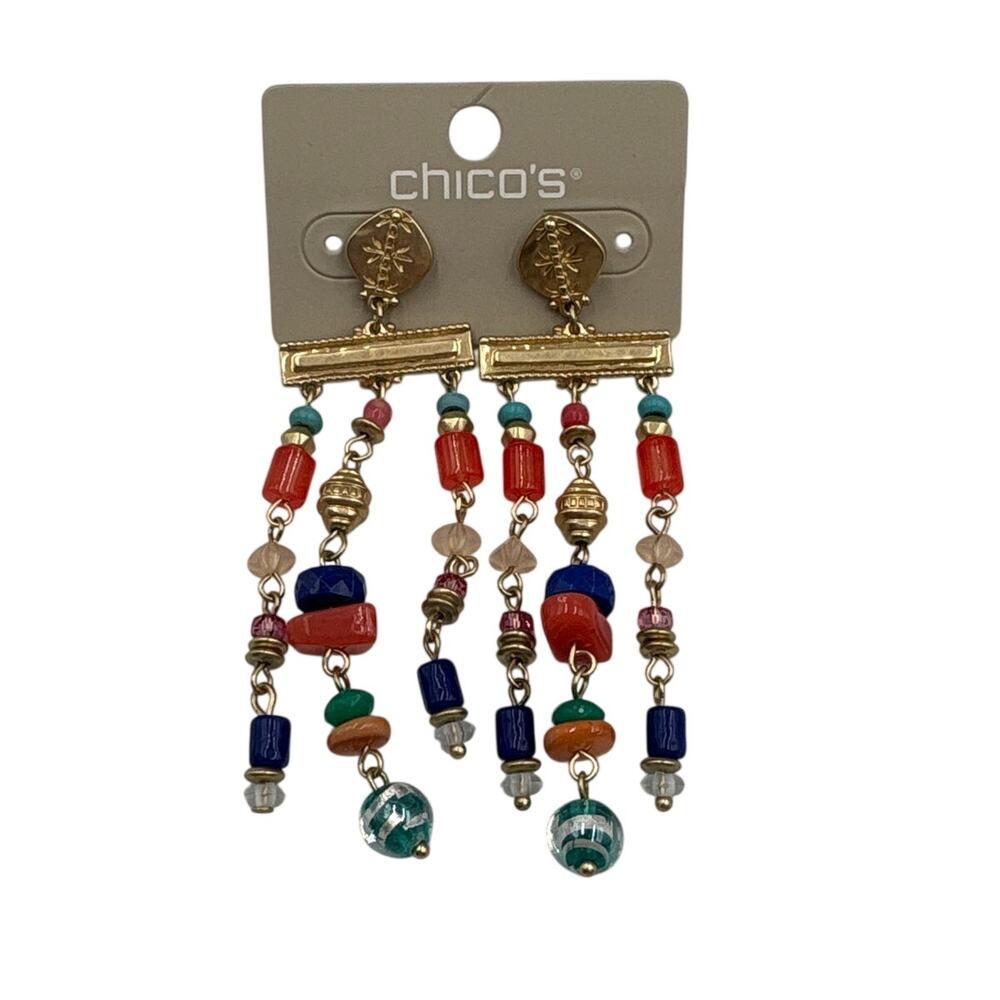 Chico's Boho Gold-toned Beaded Dangle Drop Earrings Chandelier Coral